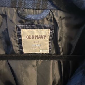 Blue and black checked pea coat.